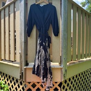 Young Fabulous & Broke Black Tie Dye Asymmetrical Hem Faux Wrap Dress Size S